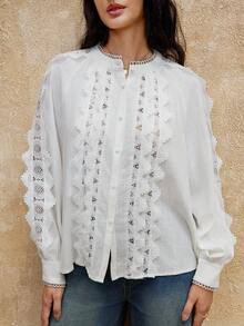 SHEIN Privé VITNOS 2025 Luxury Bohemian Vintage Elegant White Autumn Long Sleeve Blouse,Lace Patchwork Casual Fashion Tea Party Top For Music Festivals,Parties - Beige - View 2