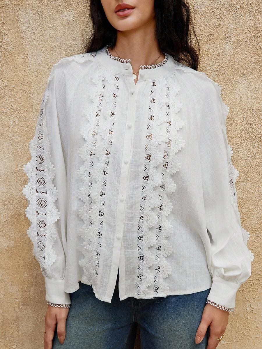 SHEIN Privé VITNOS 2025 Luxury Bohemian Vintage Elegant White Autumn Long Sleeve Blouse,Lace Patchwork Casual Fashion Tea Party Top For Music Festivals,Parties