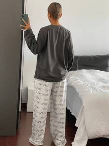 DAZY 2 件女士宽松字母印花长袖睡衣套装，秋季衣服 - 深灰色 - 查看 2