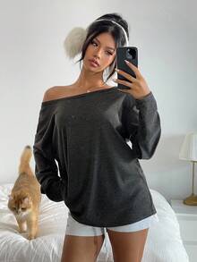 Aloruh 女士秋冬条纹长袖斜肩宽松休闲时尚衬衫 - 彩色 - 查看 3