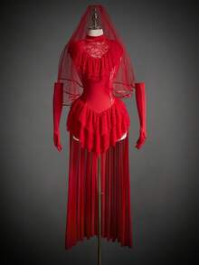 SHEIN ICON 女式红色万圣节迷你立领蕾丝网眼分层不对称下摆服装连衣裙 - 紅色 - 查看 3