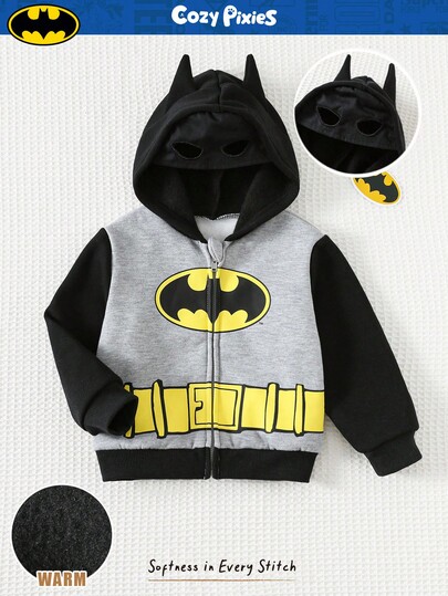 Cozy Pixies SUPERMAN X Cozy Pixies Baby Boy Cartoon Pattern Hooded Long Sleeve Sweatshirt Jacket, Suitable For Autumn/Winter Fall