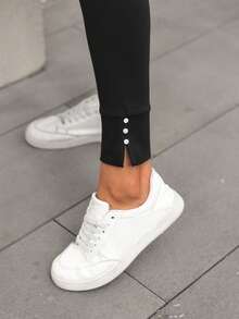 Easowa Quần legging cạp chun màu trơn thường ngày cho nữ - màu đen - Xem 9