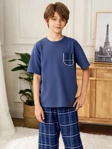 SHEIN Tween Boys' Blue Plaid Simple Silhouette Pajama Set, Casual Collegiate Comfortable Fashion Minimalist Versatile Soft Fabric Suitable For Daily Wear, School, Outings, And Home Teen Boy 2 Piece Set Boys Plaid Pajama Set Teen Boy Plaid Set Boys Matching Pajama Set 2 Piece Plaid Set Boys Pajama Set Boys Matching Set 2 Piece Plaid Outfit Boys Baby Blue - Blue - View 4