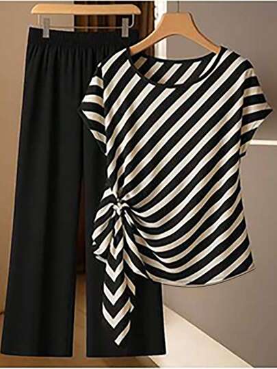 SHEIN Clasi 2 piezas Traje de pantalones rectos holgados y cómodos con lazo y rayas para mujer, adecuado para uso en la oficina