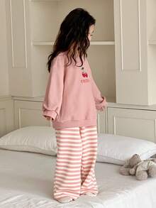 DAZY 少女樱桃印花落肩长袖运动衫和条纹裤睡衣套装 - 粉色 - 查看 3