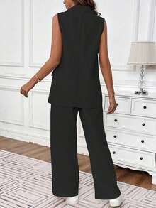 EMERY ROSE Solid Single Button Vest Blazer & Pants - Black - View 2