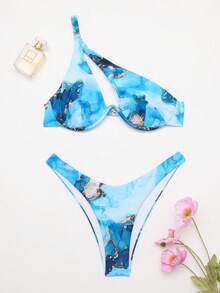 SHEIN Swim Summer Beach Marble Print Underwire One Shoulder Bikini Set - Multicolor - View 3