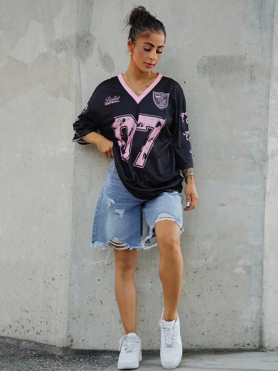 SAYEHFBABY 07 针织蝴蝶结衬衫休闲字母数字图案T恤女款，适合夏季 - 彩色 - 查看 1