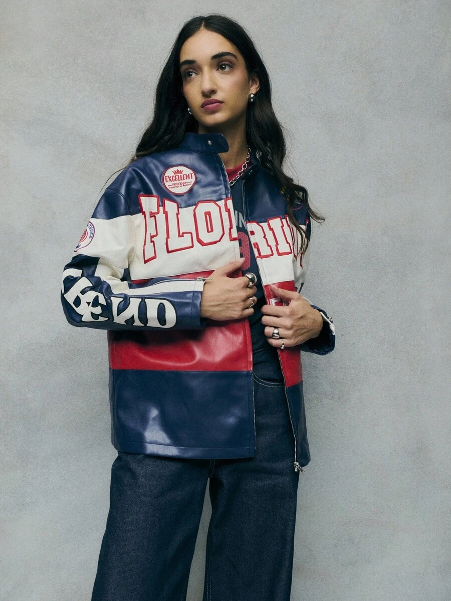 TypaGal The Graphic Moto Jacket Features Bold Stripes And Patches, Making It A Statement For Fall Tops Women, Winter Jacket Wardrobes, And Business Casual - Multicolor - View 1