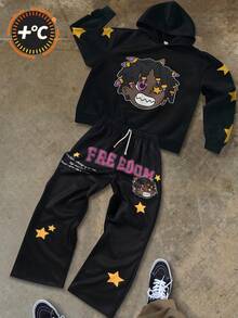 SHEIN 2件組青少年男孩塗鴉卡通圖案連帽衛衣與喇叭褲，黑色秋季街頭風套裝，青少年男孩返校運動休閒服 Y2K - 黑色 - 查看 4