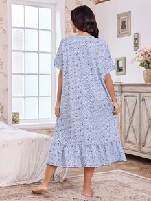 FloralLove CottageSlumber 女士加大码浪漫花卉印花蝴蝶结短袖睡裙，哞哞睡衣 - 彩色 - 查看 2