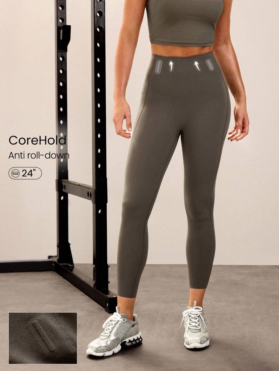 GLOWMODE 24" CoreHold FeatherFit™-Sculpt CoreHold No Slip Fit Boning Tummy Control No Front Seam Leggings With Side Pockets Workout Gym - Brown - View 1