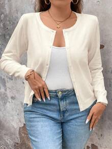EMERY ROSE Plus Size Casual Versatile Solid Color Cardigan - Apricot - View 3