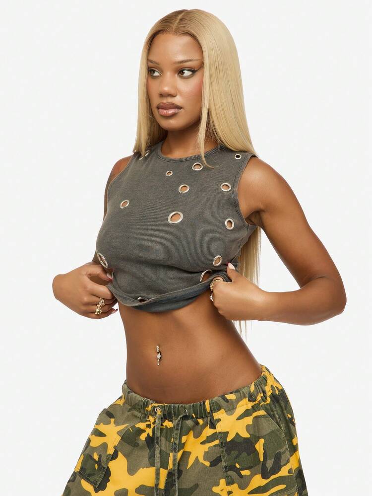 SUMWON WOMEN Ribbed Tank With Eyelet Detail