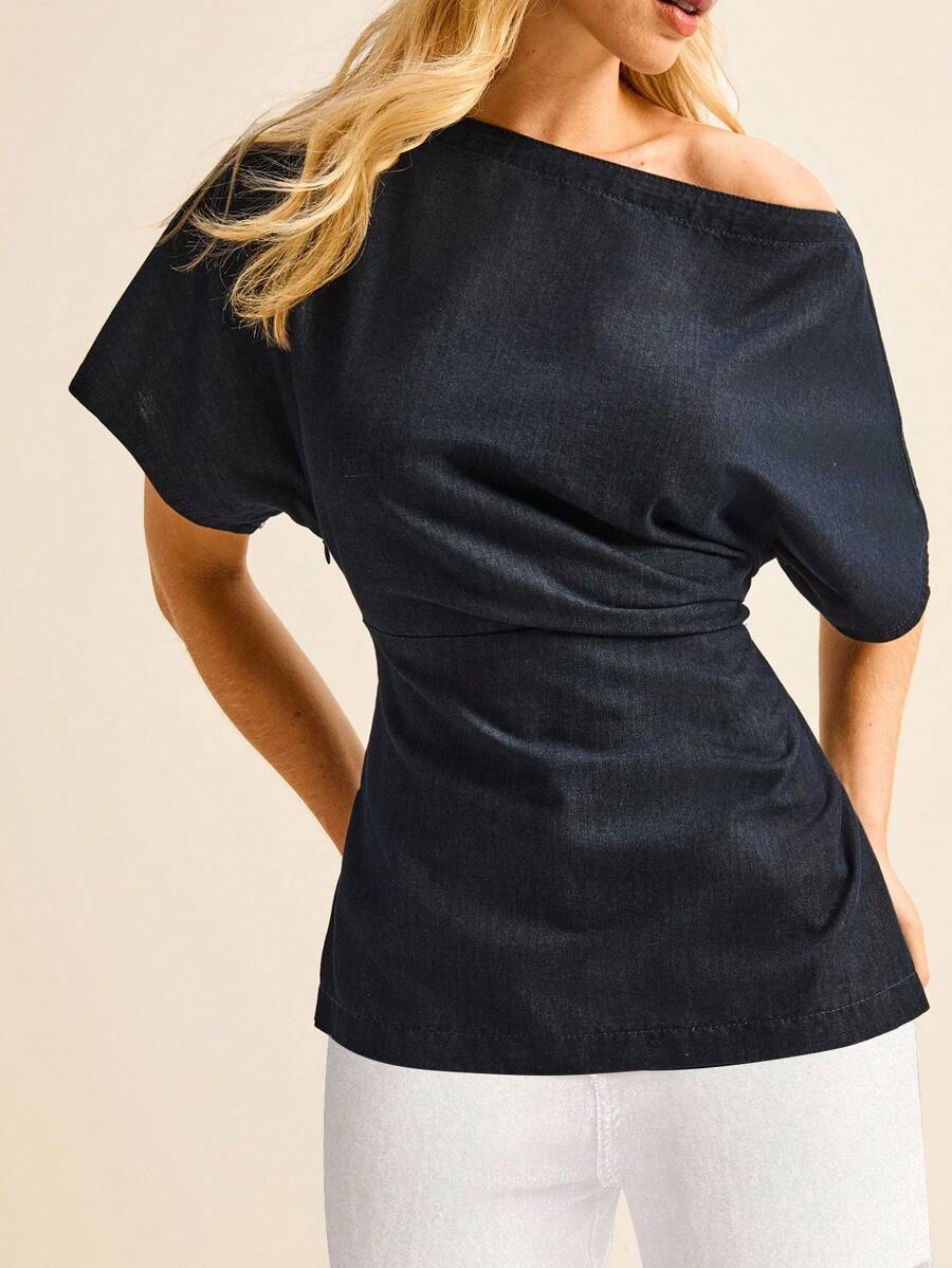 Daynim 女式休闲不对称领收腰牛仔衬衫 - 深色水洗藍 - 查看 1