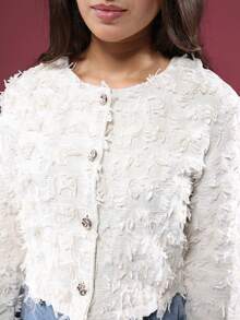 SUMWON Luxury Textured Fringe Tweed Jacket Cropped Button Up Blazer Inspired Evening Party Special Occasion Holiday Fashion Statement Piece - Beige - View 5