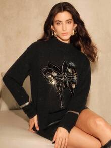 Anewsta Suéter oversize de mujer de alta gama con mariposa de lentejuelas, jersey de cuello alto de punto a la moda para otoño/invierno, elegante, chic, estiloso, adecuado para Navidad, Año Nuevo, salir - Negro - Ver 1