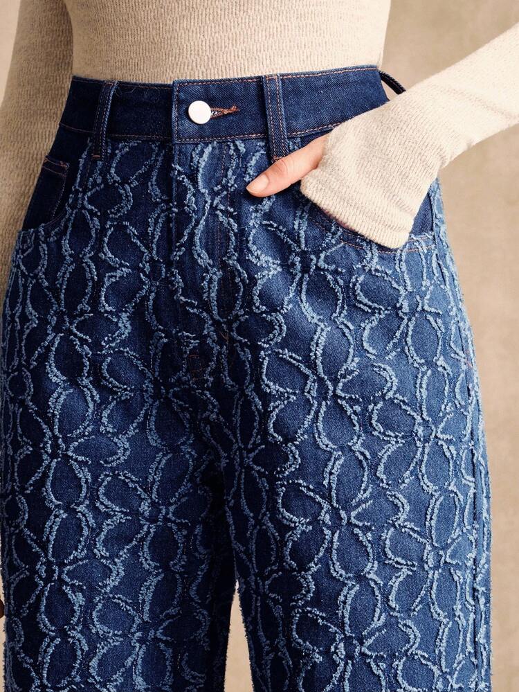 Women's New Jacquard Fabric Blue Denim Straight Leg Pants