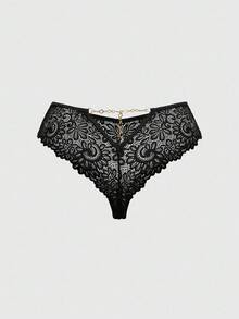 ROMWE Avant Plus Size Sexy Chain Metal Lace Sheer Panties - Black - View 1