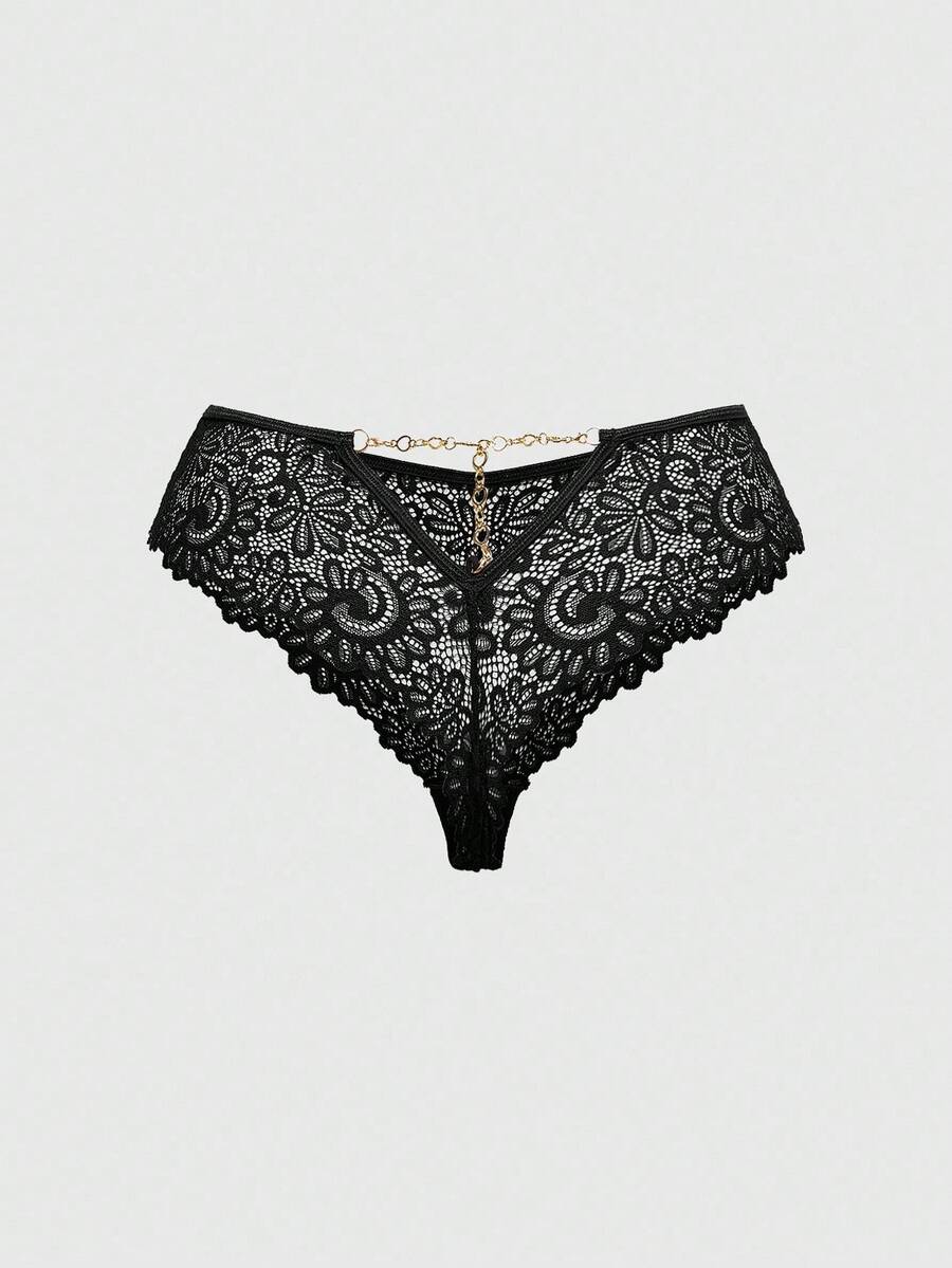 ROMWE Avant Plus Size Sexy Chain Metal Lace Sheer Panties - Black - View 1