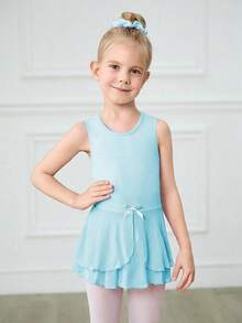 SHEIN 小女孩紫色无袖镂空后背芭蕾短裙，儿童网眼裙，芭蕾舞连体衣，四向弹力高弹力 - 藍色 - 查看 4