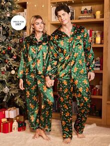 CoupledUp 绿色姜饼人印花仿丝男士情侣长袖上衣和裤子睡衣套装，秋冬服装，圣诞节礼物 - 綠色 - 查看 4