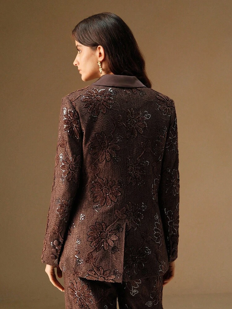 Blazer Elegante de Escritório para Dama com Ombros Texturizados e Paetês