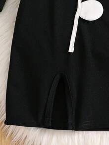 Sparklyn Girls' Black Square Neck Dress With Puff Sleeves, Fitted Silhouette With Zipper Front And 3D Floral Decor, Unique Cut And Tailored Design, Fashionable, Elegant And Playful, Suitable For Any Occasion Fall Winter - Black - View 6