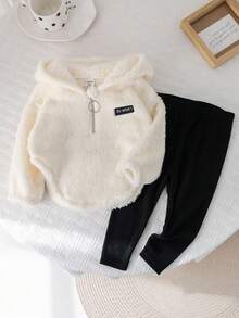 2件套女婴可爱抓绒长袖字母印花卫衣和针织打底裤套装，秋冬季婴儿品牌服装套装，秋冬季女婴冬季服装，女婴套装，舒适精灵套装，女童2件套冬季毛绒服装 - 彩色 - 查看 5