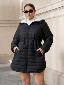 SHEIN Clasi Plus Size Women's Hooded Cinched Waist Thick Black Cotton Coat,Winter,Casual,Elegant,Hiking,Black And White,Autumn,,Work Wear,Office Attire - Black - View 5