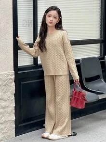 DAZY 青少年女孩纯色长袖上衣和裤子毛衣套装 - 米色 - 查看 5