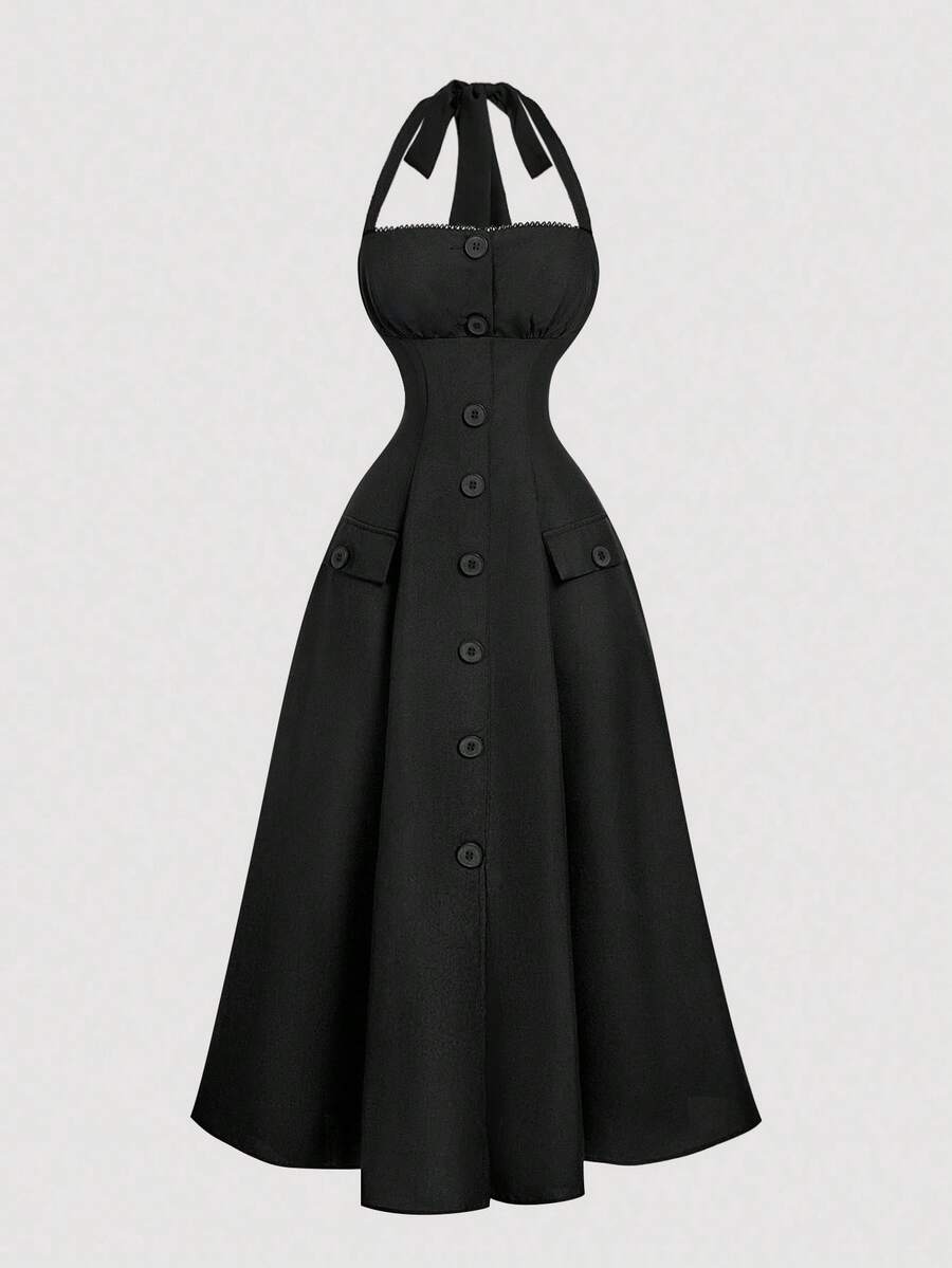 SHEIN MOD 女式黑色无袖 A 字形露背连衣裙 - 黑色 - 查看 1