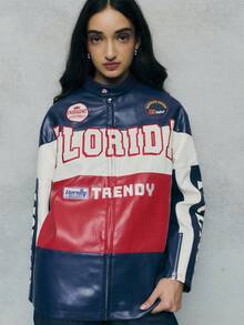 TypaGal The Graphic Moto Jacket Features Bold Stripes And Patches, Making It A Statement For Fall Tops Women, Winter Jacket Wardrobes, And Business Casual - Multicolor - View 5