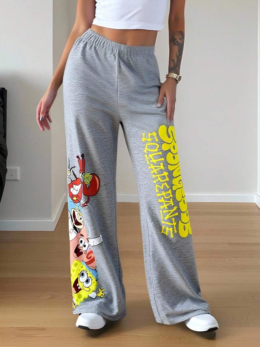 SpongeBob SquarePants | SHEIN 女士休闲日常通勤趣味可爱卡通字母图案松紧腰侧袋喇叭裤 - 灰色 - 查看 1