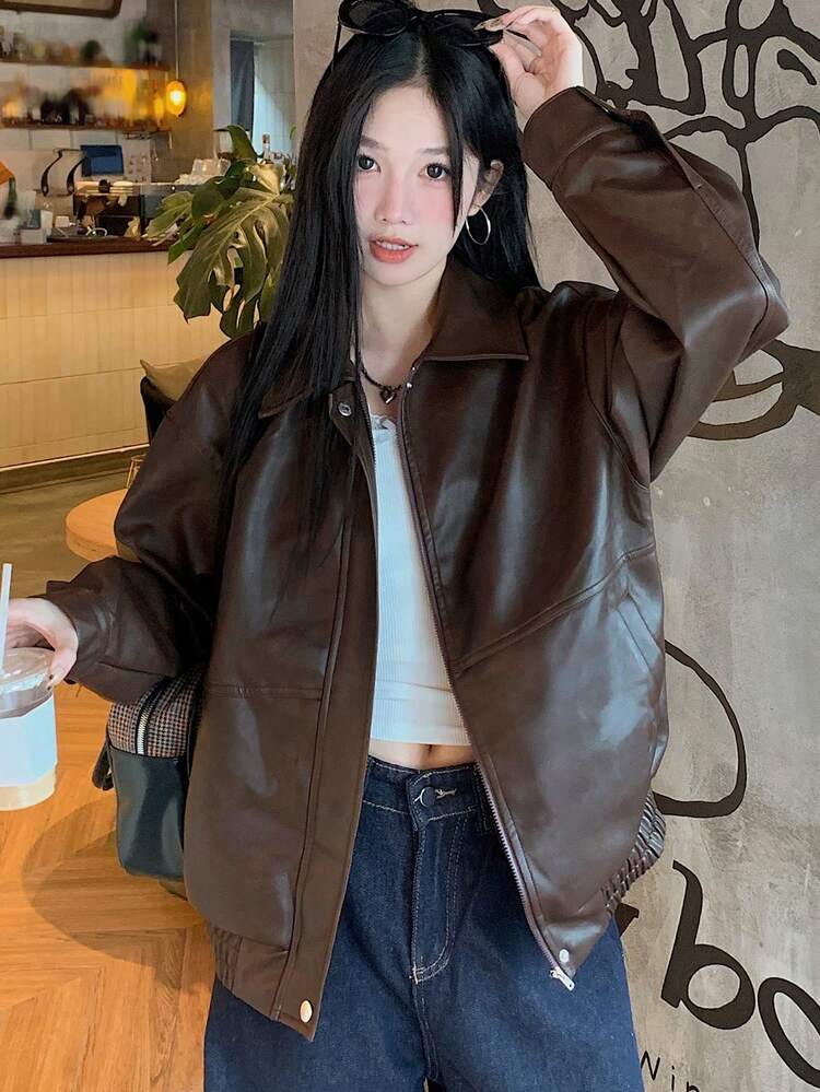 Women Tall Size Turndown Collar PU Leather Casual Jacket