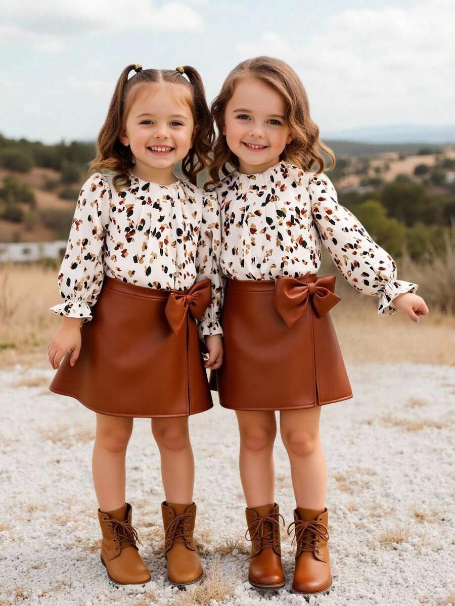 Emery Rose Kids Emery Rose Kids 2 件套少女碎花编织衬衫和 PU 皮革迷你裙套装秋冬装 - 摩卡棕 - 查看 1