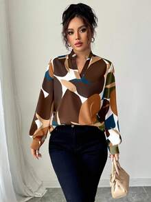 Elenzga Women's Casual Vacation Style All-Over Print Notched Collar Lantern Sleeve Loose Blouse, Spring/Autumn Fall Cloth For Women