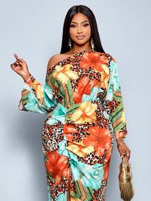 SOLERSUN 大码女式秋冬时尚优雅长袖斜肩露肩前高叉腰长裙，多色花朵豹纹印花，适合度假、工作、婚礼、节日、夏季（图案随机） - 橘色 - 查看 1