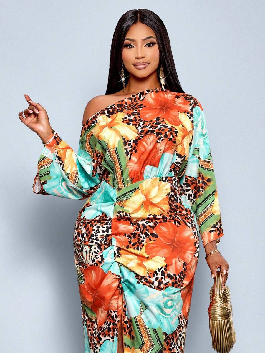 SOLERSUN 大码女式秋冬时尚优雅长袖斜肩露肩前高叉腰长裙，多色花朵豹纹印花，适合度假、工作、婚礼、节日、夏季（图案随机） - 橘色 - 查看 1
