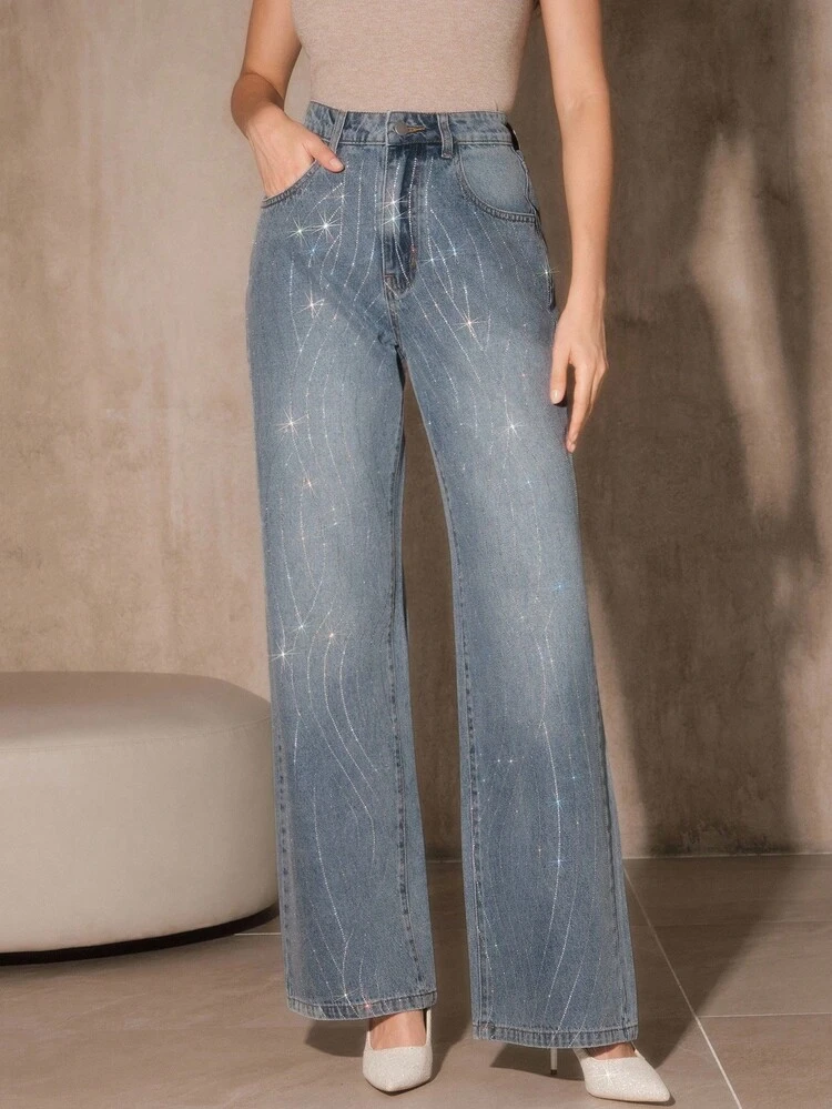 Streetwear Fashion Diamond Embellished Women's Straight Leg Blue Jeans, Suitable For Fall, Winter, New Year, Elegant, Chic, Stylish, Christmas, Going Out