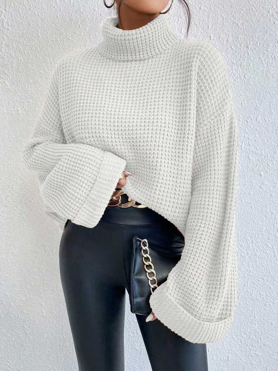 SHEIN 女士纯色高领落肩长袖休闲宽松套头衫,秋冬 - 白色 - 查看 1