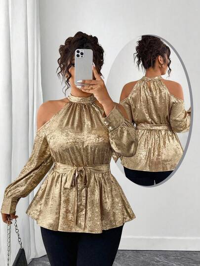 Elenzga 大码女式畅销露背露肩优雅性感修身腰部蝴蝶衬衫，适合通勤和派对穿着