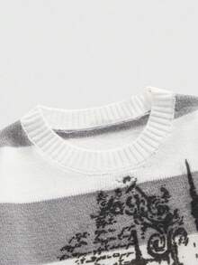 ROMWE MEN Goth Áo len cổ tròn tay dài họa tiết dơi sọc thường ngày cho nam, mùa thu/đông - Xám - Xem 4