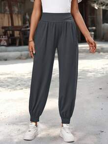 EMERY ROSE Women's Solid Color High Waist Pleated Pocket Drawstring Casual Pants - Grey - View 7