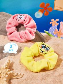 SpongeBob SquarePants | SHEIN 2Pcs Cute Embroidered Short Plush Hair Scrunchies Cartoon Large Intestine Hair Bands Elastic Hair Ties Hair Accessories For Everyday, Casual Suitable For Daily Styling High Ponytails In Yellow And Pink Patrick