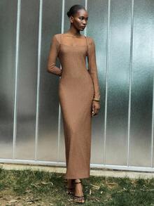 Lumivelle Women's Elegant Minimalist Fitted Bubble Textured Square Neck Long Sleeve Dress, Autumn/Winter