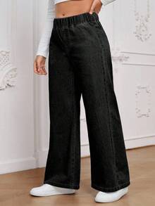 EMERY ROSE Plus Size Women's Casual Versatile Elastic Waist Baggy Jeans - Black - View 3