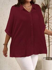 EMERY ROSE Plus Size Women Casual Loose Solid Color Blouses, Summer - Burgundy - View 3