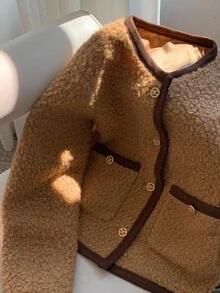 SHEIN EZwear 女士长袖单排扣泰迪羊毛时尚夹克，适合秋冬季派对/约会 - 杏色 - 查看 1